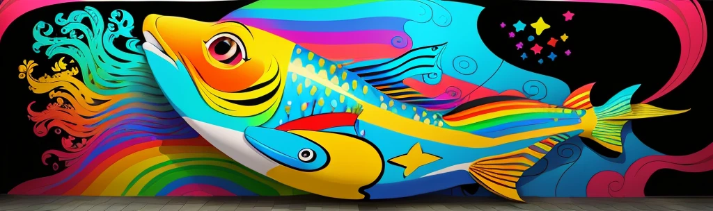 brightly colored mural of a fish with a rainbow in the background, colorful mural on walls, public works mural, inspired by Peter Max, whimsical and psychedelic, inspired by Mary Blair, colorful picture, inspired by Okuda Gensō, colourful artwork, inspired by Georges Lacombe, colorful composition, inspired by Tomokazu Matsuyama, inspired by Laurel Burch