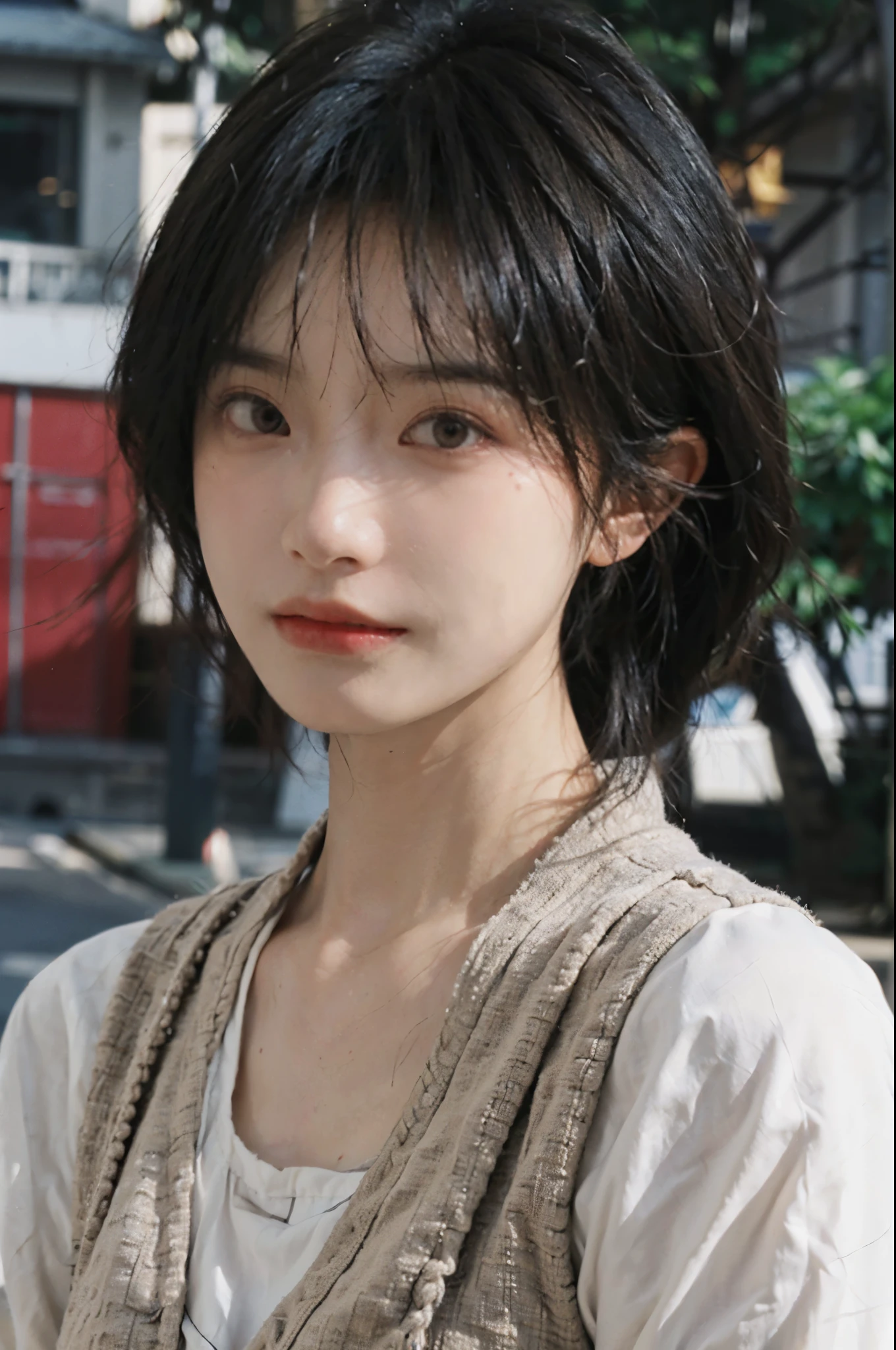 (Skin details:1.4), (smooth skin textures:1.3), Lipstick, background, Direct vision, earrings, serene, calm, (Realistic and detailed eyes：1.2）, Natural skin texture, Realistic facial details, Soft dramatic lighting, Vivid details, 35 mm film, outdoor, (Photo Practical:1.4), (hyper Practical:1.4), (Practical:1.3), (Smoother lighting:1.05), (Improve lighting quality:0.9), (Highest quality real skin textures:1.4), Exquisite eyes, Delicate face, Close-up of face, (Enhance the beauty of skin texture:1.1), Hair details,  Vest，normal body ratio, short hair, Moles under the eyes, thinking, A faint smile,公园background，Portrait Photography, Depth of Field, Bokeh, Surrealism, Ray Tracing, (Portrait Photography:1.1), Surrealism, High Detail, Chiaroscuro, Ray Tracing, reflected light, Ultra HD, Ultra HD, masterpiece, Textured Skin, Super Detail, High Detail, high quality, best quality