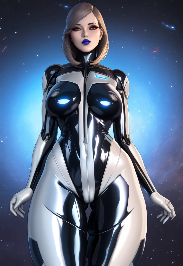 EDI Mass Effect in a tight latex bodysuit, visible cameltoe (incredibly detailed, beautiful metallic face with dark lips, piece of art) standing.
