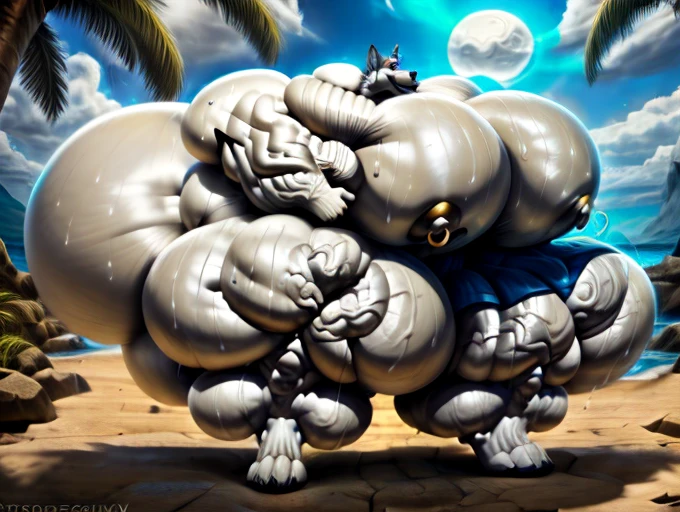 4k, high resolution, best quality, perfect lightning, perfect, solo, anthro, young, boy,white wolf:2.0, furry body, (fluffy mane:1.2), fluffy tail, male, adult, (bulky, thick muscles2:0, huge muscles:2.0, hyper muscles:2.0), (thick biceps, veiny biceps, broad shoulders:2.0), (thick legs, thick calves:1.1), (digitigrade legs, 4 toes:1.2), perfect colors, (photorealistic fur, detailed fur, epic, masterpiece), (suggestive posing:1.2), (seductive smile, lustful grin 1.3), detailed beach:2.0,detailed wolf eyes:2.0, by k0suna, by darkgem,nipple ring,hyper arms:2.0,veins,white body,white fur,hyper butt:2.0,hyper paws:2.0,standing,thick legs,thick butts:2.0,sweat body:2.0,massive butt:2.0,hyper ass:2.0,huge ass:2.0,presenting butt:2.0,long legs,juicy butt:2.0,hyper ass,presenting back,thick shank,liquid butt:2.0