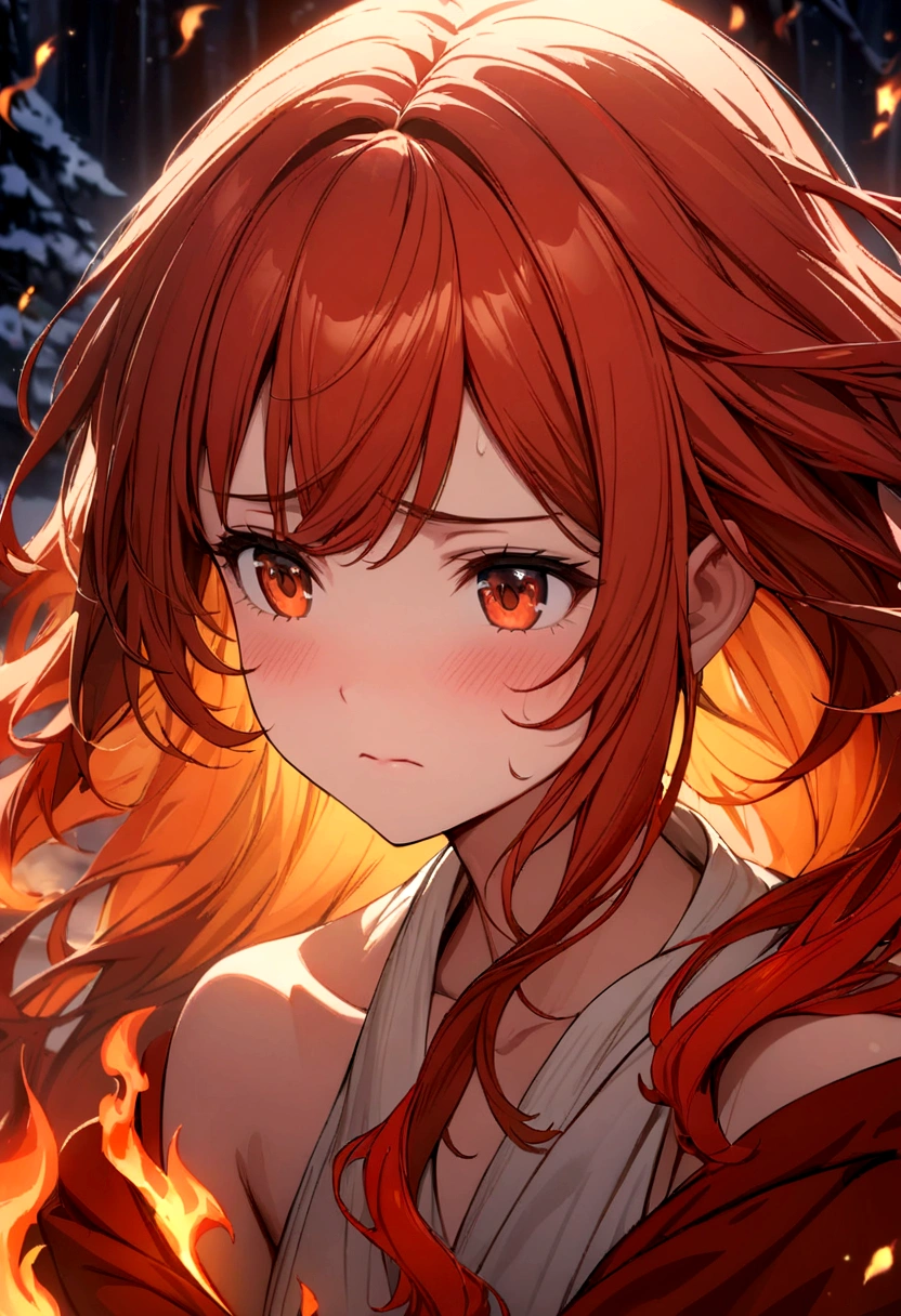 Portrait of a shy red-haired girl, portrait of a girl with fire hair, slim, fragile, thin arms, her long hair is made of fire, orange, red, fire effects, in the background is an enchanting snowy landscape, divine, 1girl, fire magic, flames, anxious, best quality, ultra-high resolution, 4K detailed CG, masterpiece, aesthetic, centered on the screen
