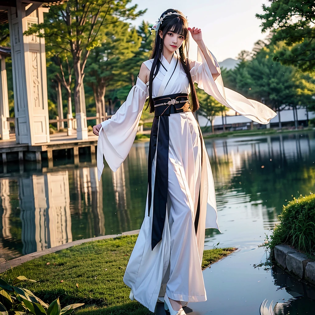night,Moonlight reflects on the lake,There is a girl in a simple white Hanfu by the lake,,black hair,Waist length hair,Dance,antiquity,The sleeves are very long,The skirt is very long,The background is Chang'an City,There are Tang Dynasty buildings in the background