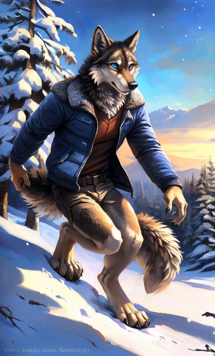 ((Solo)), male people, anthro wolf, (Multi-colored fur, White-brown:1.3,White tail pointed), (Height 2.1m,Tail length 1.2m), ((Wolf face, Big eyes, White eyelids, Blue pupil, Slim:1.2) (Tough, Calm expression:1.2)), Slim, pinging)), (Correct anatomy), (Winter clothing:1.1), The upper body naked, (detailed outfits),A long big tail,Feet,(Realistic fur, Detailed fur texture, labeled:1.3)), (Natural lighting), Photorealistic, Hyperrealistic, ultradetailed, by Kenket,Snowfield,erect through,Running on