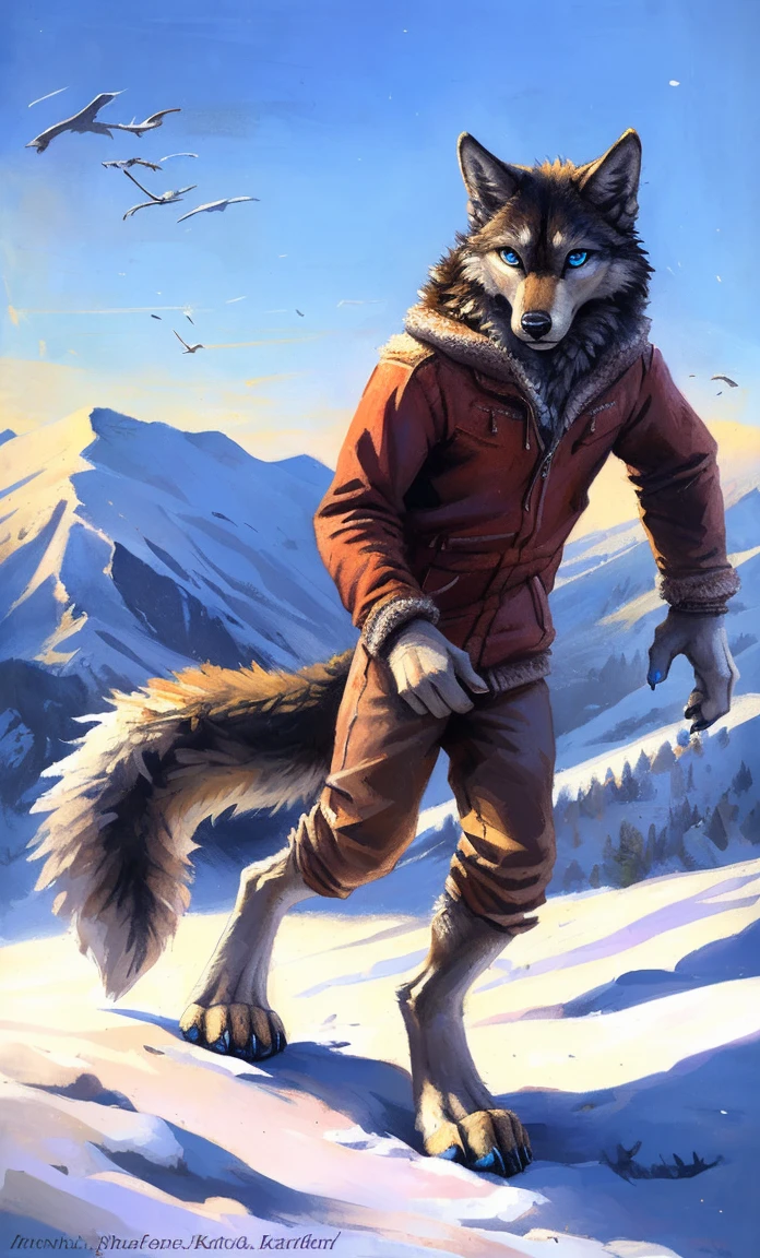 ((Solo)), male people, anthro wolf, (Multi-colored fur, White-brown:1.3，White tail pointed), (Height 2.1m,Tail length 1.2m), ((Wolf face, Big eyes, White eyelids, Blue pupil, Slim:1.2) (Tough, Calm expression:1.2)), Slim, pinging)), (Correct ), (Winter clothing:1.1), The upper body  , (detailed outfits),A long big tail，Feet，(Realistic fur, Detailed fur texture, labeled:1.3)), (Natural lighting), Photorealistic, Hyperrealistic, ultradetailed, by Kenket，Snowfield， through，Running on