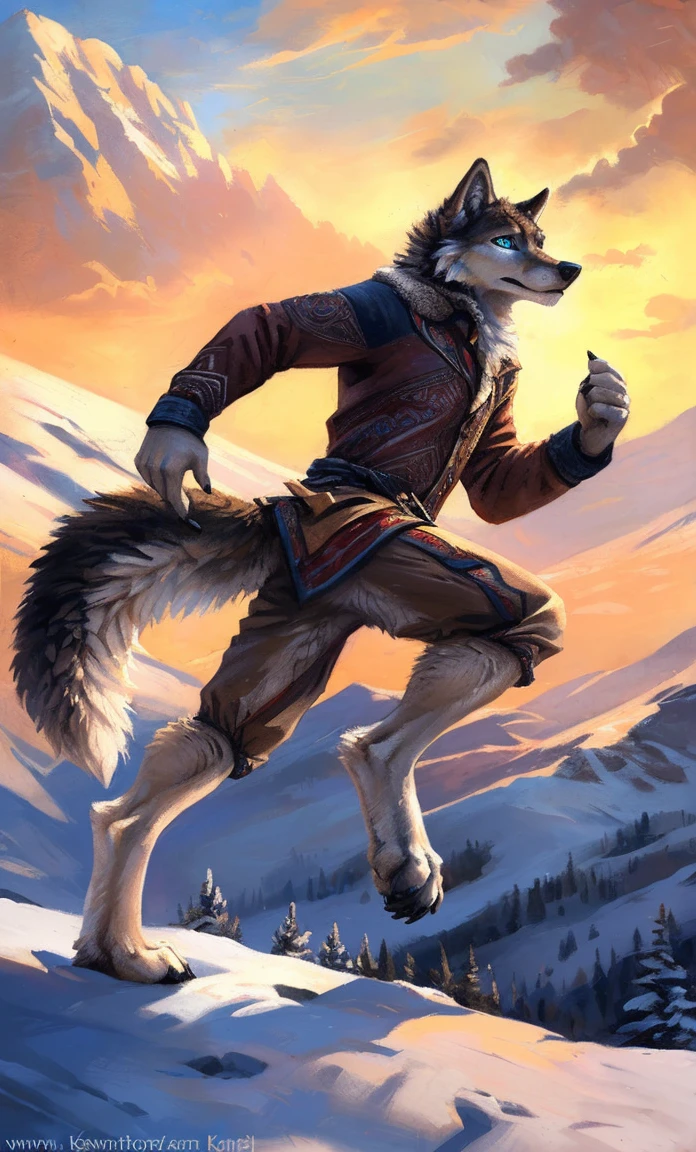 ((Solo)), male people, anthro wolf, (Multi-colored fur, White-brown:1.3，White tail pointed), (Height 2.1m,Tail length 1.2m), ((Wolf face, Big eyes, White eyelids, Blue pupil, Slim:1.2) (Tough, Calm expression:1.2)), Slim, pinging)), (Correct anatomy), (Winter clothing:1.1), The upper body  naked, (detailed outfits),A long big tail，Feet，(Realistic fur, Detailed fur texture, labeled:1.3)), (Natural lighting), Photorealistic, Hyperrealistic, ultradetailed, by Kenket，Snowfield，erect through，Running on