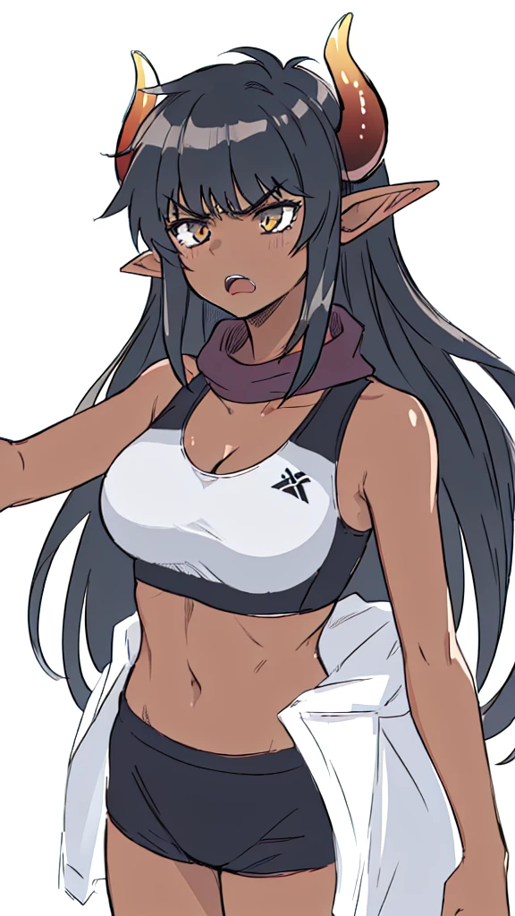 ((1girl,solo,mature female,25 years old,adult)),medium breasts,long hair, black hair,angry expression,horns,elf ears,black scarf,cleavage,(dark skin),((black sports bra, midriff)),white background