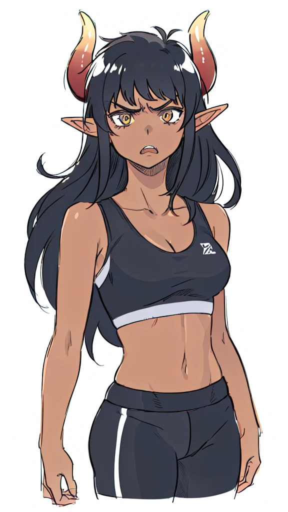 ((1girl,solo,mature female,25 years old,adult)),medium breasts,long hair, black hair,angry expression,horns,elf ears,black scarf,cleavage,(dark skin),((black sports bra, midriff)),white background