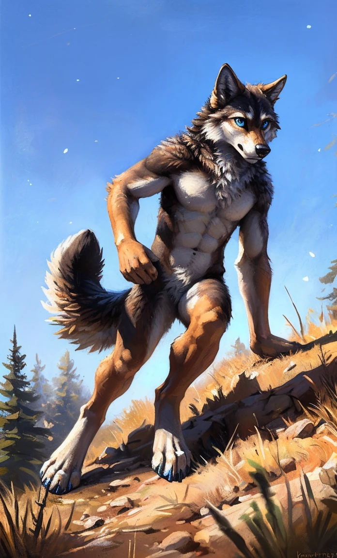 ((Solo)), male people, anthro wolf, (Multi-colored fur, White-brown:1.3，White tail pointed), (Height 2.1m,Tail length 1.5m), ((Wolf face, Big eyes, White eyelids, Blue pupil, Slim:1.2) (Tough, Calm expression:1.2)), Abs, Slim, pinging)), (Correct anatomy), Naked all over the body,A long big tail，Feet，(Realistic fur, Detailed fur texture, labeled:1.3)), (Natural lighting), Photorealistic, Hyperrealistic, ultradetailed, by Kenket，Snowfield，No artifacts, Running on