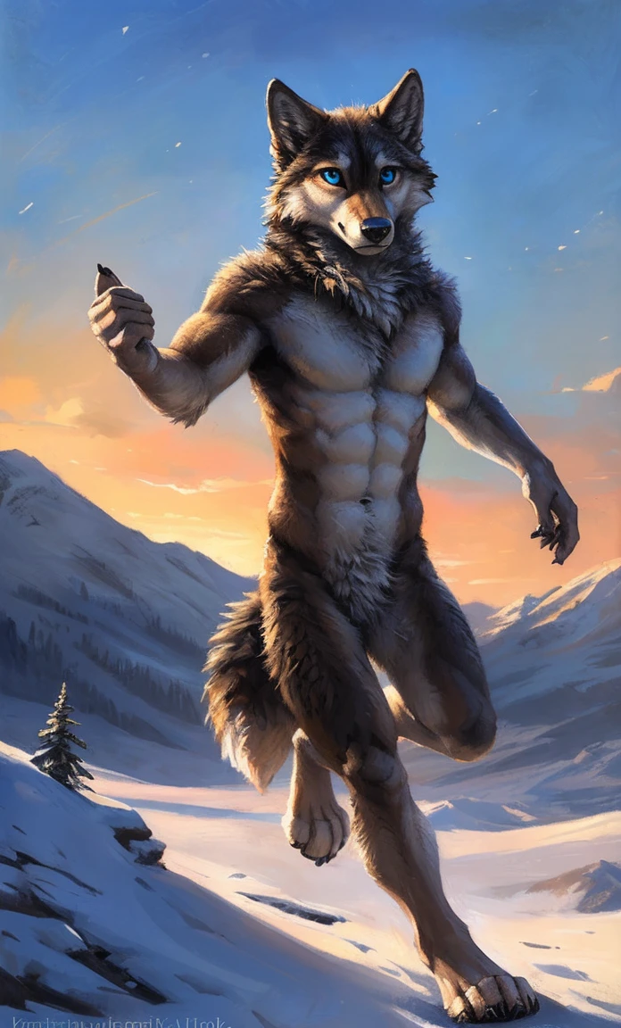 ((Solo)), male people, anthro wolf, (Multi-colored fur, White-brown:1.3，White tail pointed), (Height 2.1m,Tail length 1.5m), ((Wolf face, Big eyes, White eyelids, Blue pupil, Slim:1.2) (Tough, Calm expression:1.2)), Abs, Slim, pinging)), (Correct anatomy), Naked all over the body,A long big tail，Feet，(Realistic fur, Detailed fur texture, labeled:1.3)), (Natural lighting), Photorealistic, Hyperrealistic, ultradetailed, by Kenket，Snowfield，No artifacts, Running on