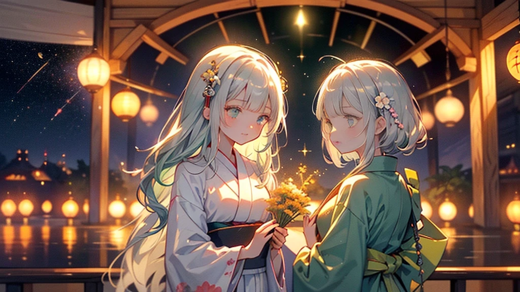♥(Beautiful Japanese floral kimono,yukata),((One girl,cute,young,Beautiful medium-long silver-green hair,Blunt bangs,A Tale of Twins,Beautiful green eyes)),(alone),((masterpiece, Highest Resolution,Highest quality)), (Beautiful illustrations),(Beautiful Japanese floral kimono,yukata),
 (Looking at the audience), An innocent smile,Cinema Lighting,Japanese Festivals,Stall,firework,Night Sky,full moon,shooting star,

