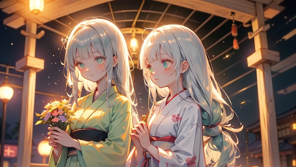 ♥(Beautiful Japanese floral kimono,yukata),((One girl,cute,young,Beautiful medium-long silver-green hair,Blunt bangs,A Tale of Twins,Beautiful green eyes)),(alone),((masterpiece, Highest Resolution,Highest quality)), (Beautiful illustrations),(Beautiful Japanese floral kimono,yukata),
(Looking at the audience), An innocent smile,Cinema Lighting,Japanese Festivals,Stall,firework,Night Sky,full moon,shooting star,