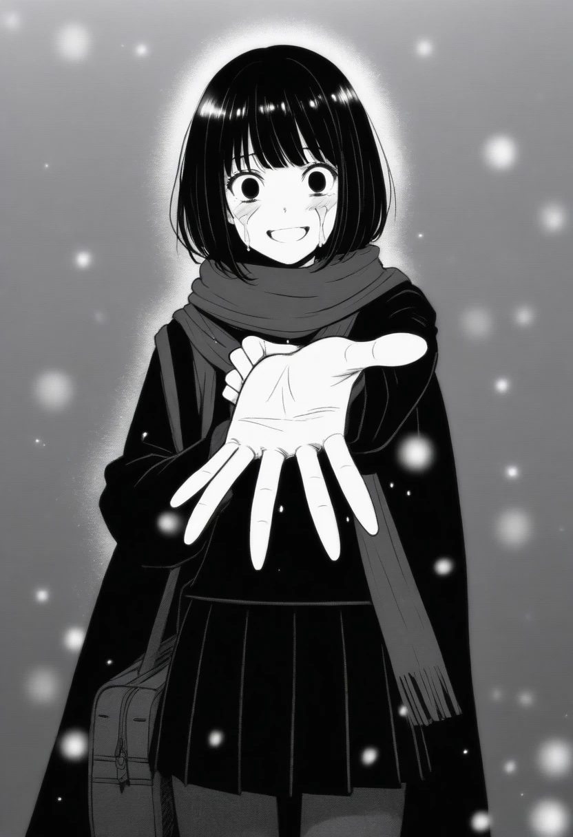 masterpiece, best quality, 1girl, mamerakkkkko, grayscale, manga style, japanese, chi no wadachi, black eyes, street, iced, black hair, schoolbag, smile, lineart, black coat, black scarf, black pleated skirt, leggins, centered, 18 years old, tall, fair skinned, bokeh background, crying, tears, tears streaming, bob cut, light particles, centered, snowing, (((reaching out left hand to viewer, perfect hand, detailed hand:1.1)), emotional anime scene