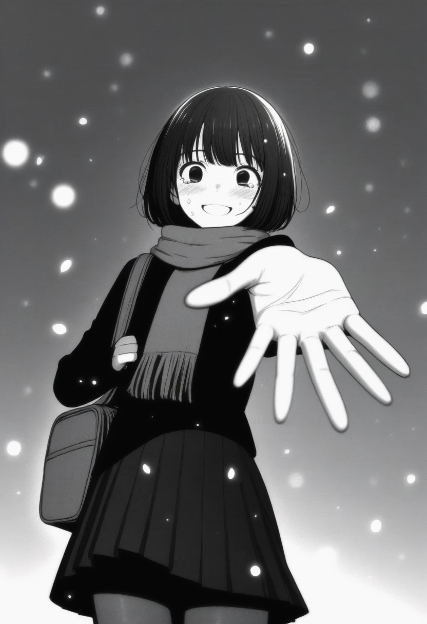 masterpiece, best quality, 1girl, mamerakkkkko, grayscale, manga style, japanese, chi no wadachi, black eyes, street, iced, black hair, schoolbag, smile, lineart, black coat, black scarf, black pleated skirt, leggins, centered, 18 years old, tall, fair skinned, bokeh background, crying, tears, tears streaming, bob cut, light particles, centered, snowing, (((reaching out left hand to viewer, perfect hand, detailed hand:1.1)), emotional anime scene
