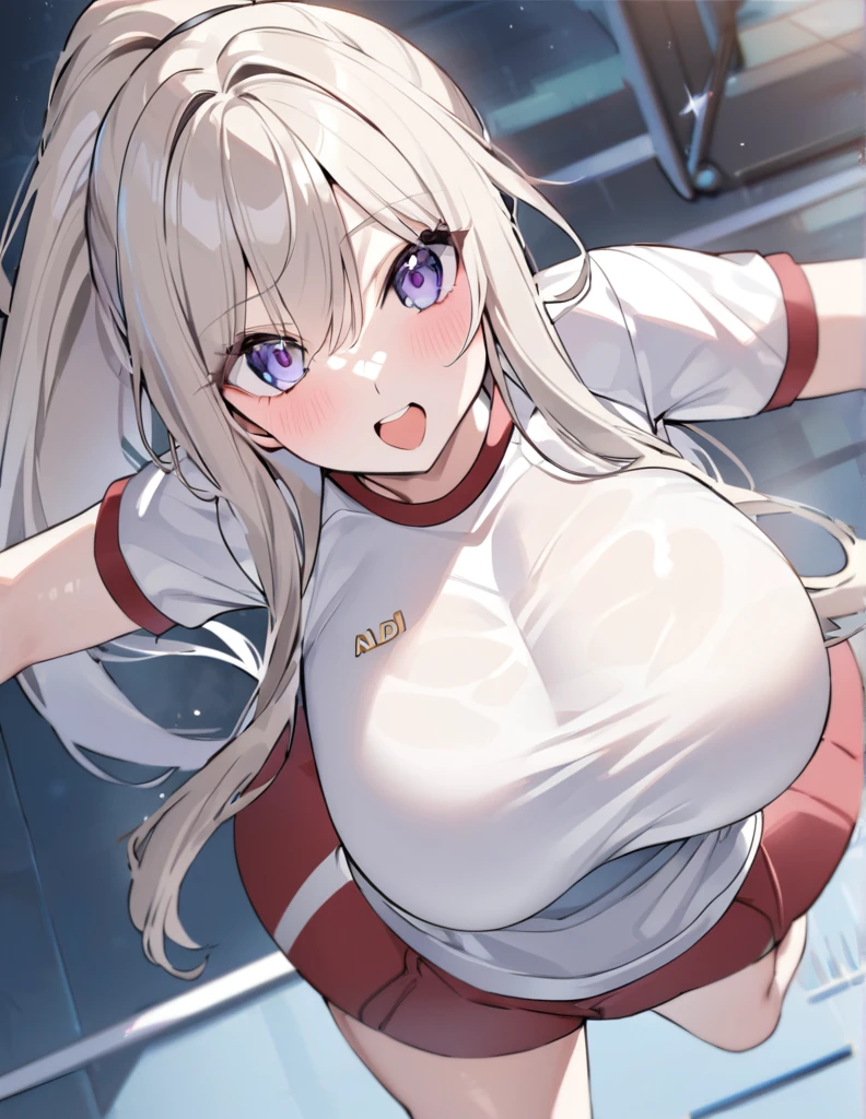 ((masterpiece:1.2, Highest quality)), 1. Aldi, alone, (Gym Wear), Platinum Blonde, Long Hair, (Top View, Front Focus, Look straight ahead), (amount), Jumping, Above the waist, ponytail, Big Breasts, we:1.1
