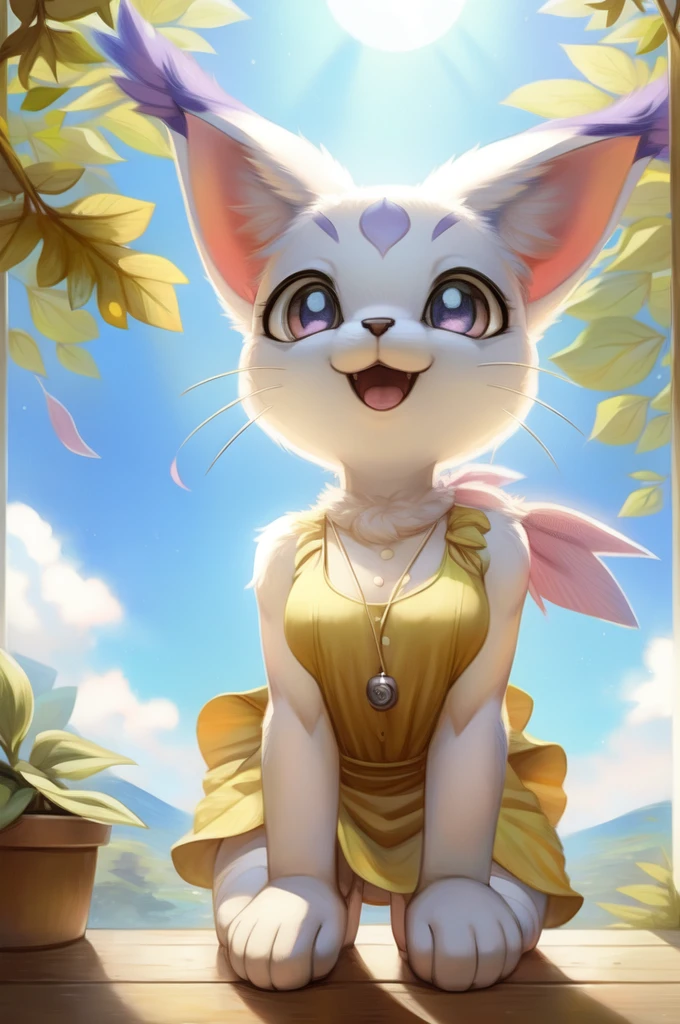 by woolrool,,, Gatomon furry, detailed and extremely fluffy body fur, fluff, masterpiece, looking up beautiful surroundings, detailed background, happy, leaf-dress, short stature, sexy anthro, breasts 