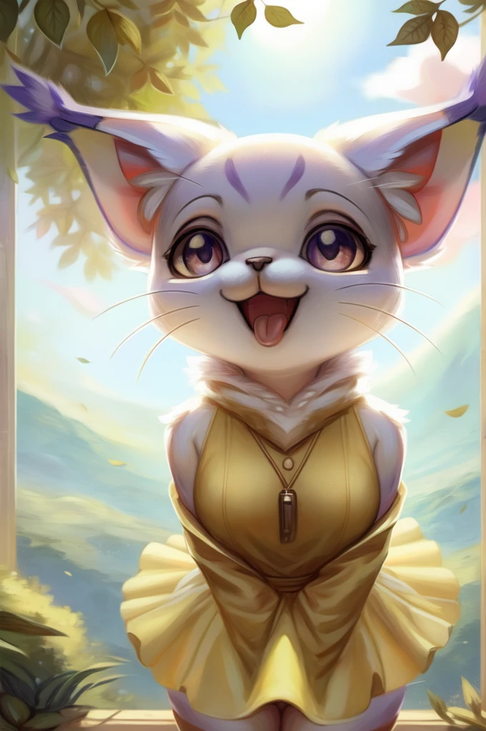 by woolrool,,, Gatomon furry, detailed and extremely fluffy body fur, fluff, masterpiece, looking up beautiful surroundings, detailed background, happy, leaf-dress, short stature, sexy anthro, breasts 