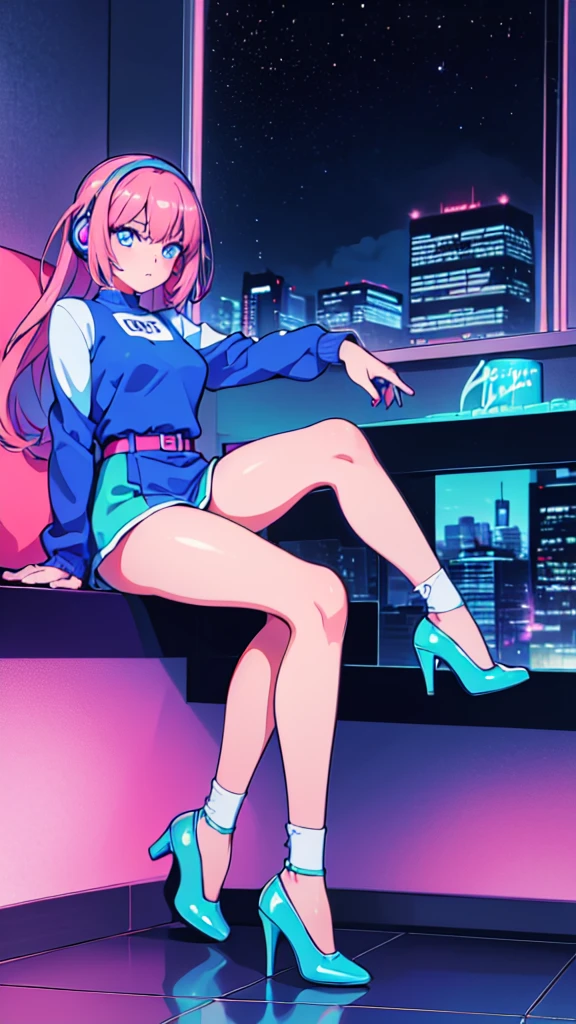 (masterpiece), Highest quality, Expressive eyes, Neon pastel aesthetics, Retro 90s, Neon color,((Girl sitting on sofa,In a cozy room,Records hanging on her wall, Comic books on the floor, Looking out the window behind her at the night city, Upholstered room, Anime figures lined up on a shelf)), Wearing headphones, (All around her it sparkles), (Wearing high socks and heels), (blue eyes), (Soft look), (Synthwave Art Style), Colorful Hair, Desk with PC set up