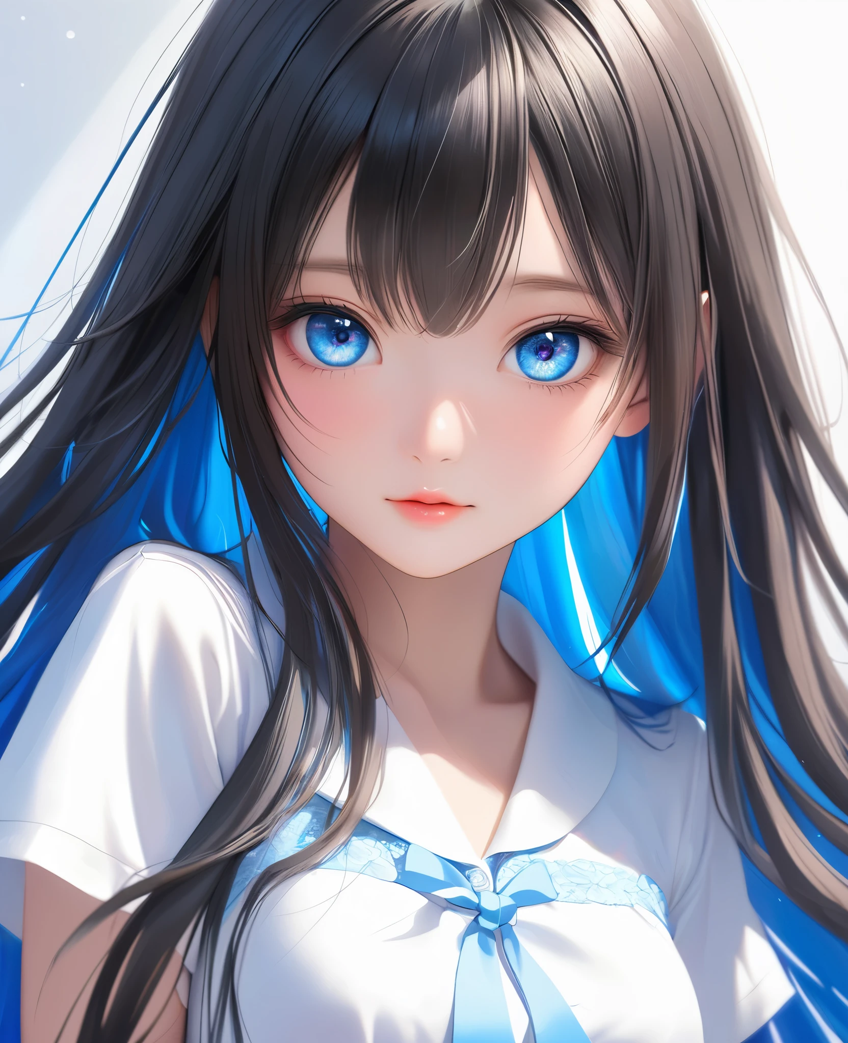 Unparalleled beauty, Shiny、Tightened、Glowing Skin, Bangs between the eyes, Shiny真っ直ぐな美しいプラチナブロンド, Super long straight silky hair, eyeliner, Sexy, beautiful and pure 14 year old, High resolution big beautiful bright blue eyes, beautiful and adorable girl, Baby Face, Short sleeve shirt