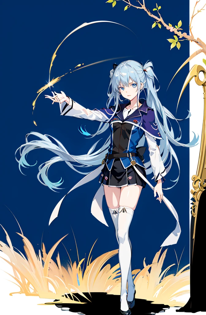 1girl,  solo, outdoors, long hair, holy place, Original,(Illustration:1.1),(Best Quality),(masutepiece:1.1),(the Extremely Detailed CG Unity 8K Wallpapers:1.1), (Colorful:0.9),(mid-shot:0.95),(extremely detailed beautiful face),(Solo:1.2), (girl),(((Lori))), (Detailed beautiful eyes:1.15), (Beautiful face:1.15), (Glowing blue eyes:1.25////),(((sky blue Long Hair))),(two side up),(+perfect hand+:1.21),(Draw illustration of Japan priestess costume),(slender),(White pleated skirt),(Gothic),((black thighhighs)),(frilld),(Beautiful Slender Lolita Girl),hallowween,standing, girl,10 years old,  girl,foggy place,vampire,sky blue hair,((full body,whole body)),((black thighhighs)),white clothes,