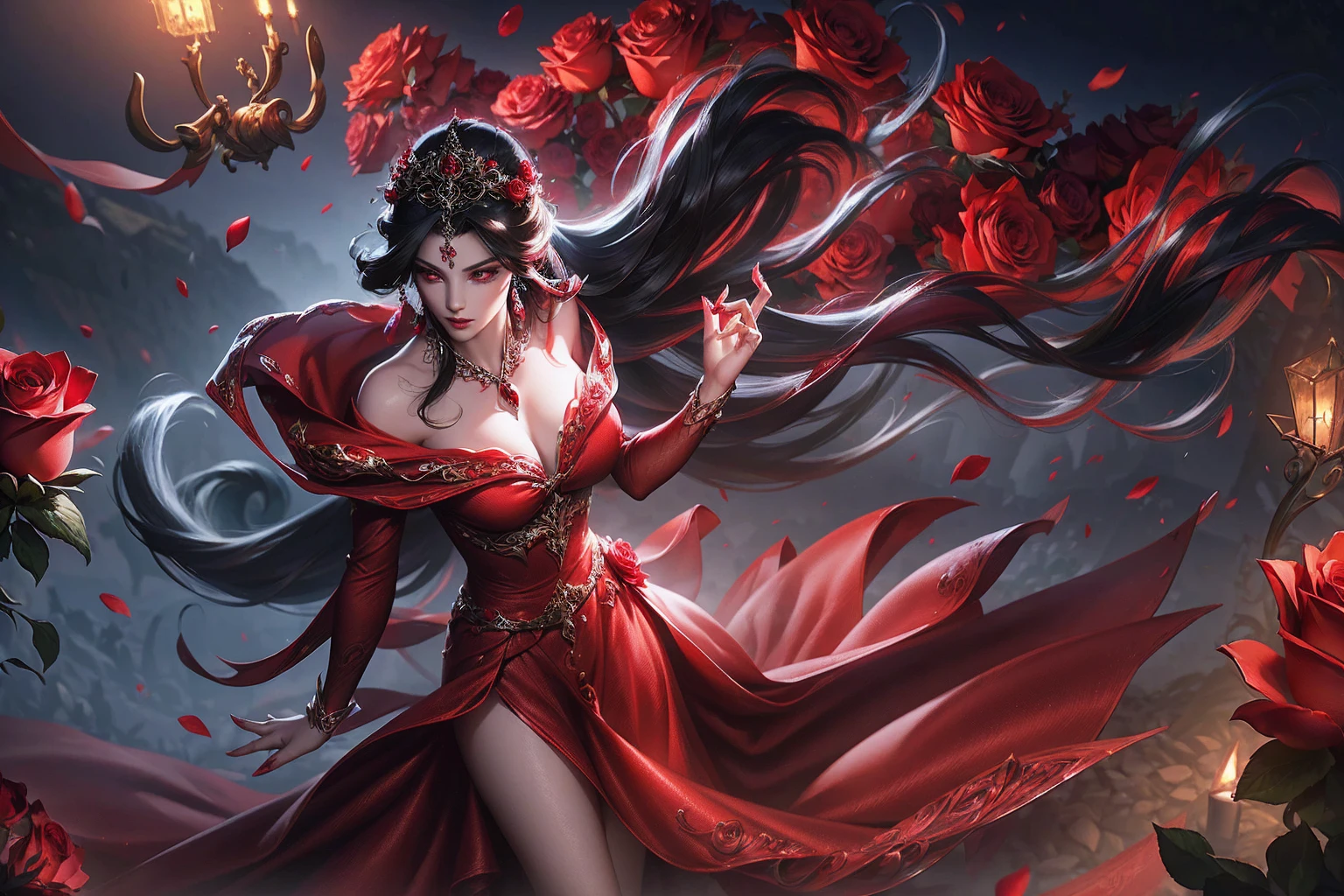 a beautiful and mysterious gypsy woman with long flowing black hair, wearing a vibrant red dress, holding a floating crystal ball, surrounded by red roses, dramatic lighting, cinematic composition, highly detailed, photorealistic, 8k, (best quality, 4k, 8k, highres, masterpiece:1.2), ultra-detailed, (realistic, photorealistic, photo-realistic:1.37), dramatic lighting, chiaroscuro, moody, alluring, seductive, captivating gaze, intricate patterns on dress, glowing crystal ball, lush red roses, cinematic angle, dramatic shadows, rich color palette