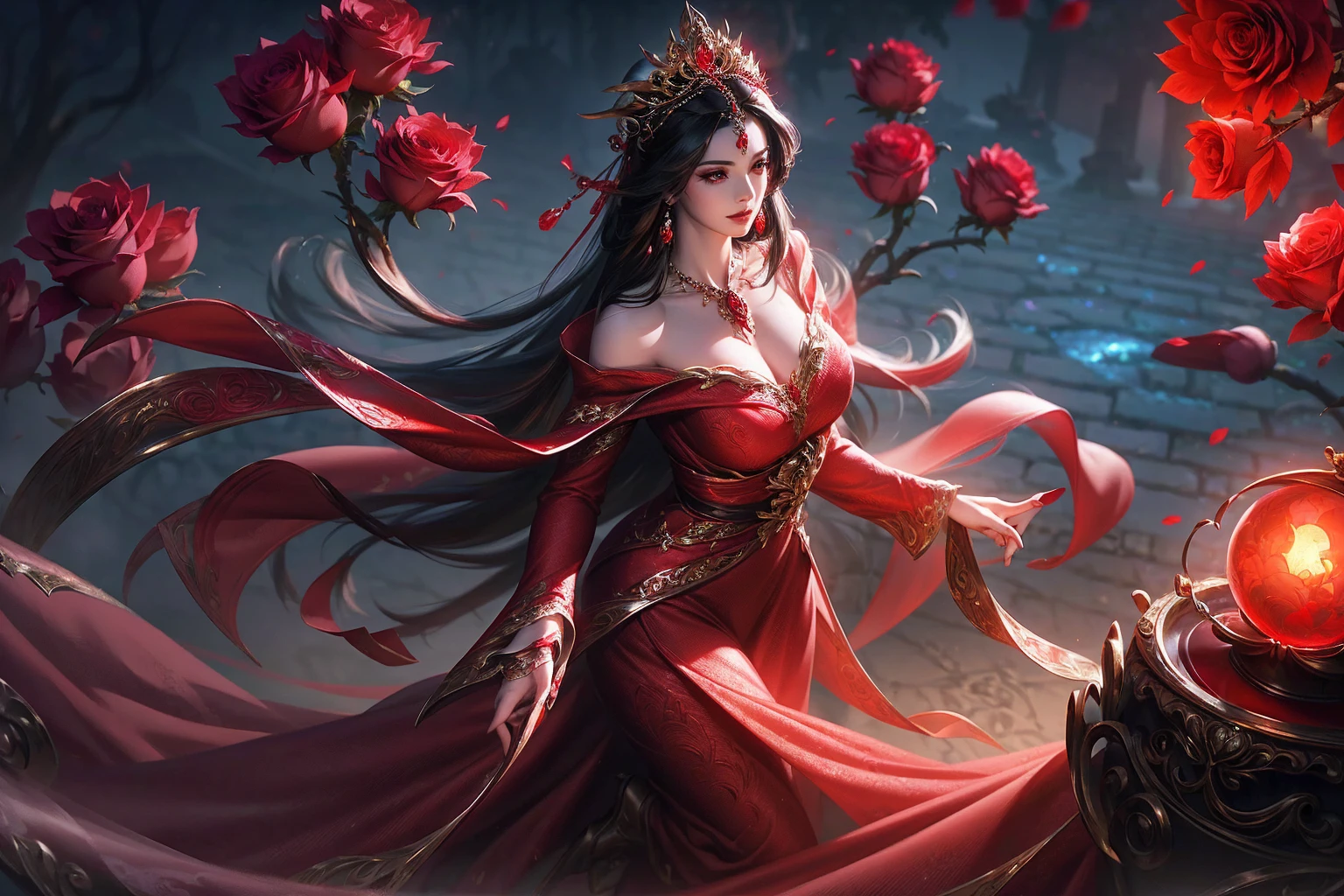 best quality,masterpiece,Ultra-high resolution,(photoactual:4:0),Crimson sky,Mountain rock,A Chinese female ghost,long flowing hair,Big breasts,Wearing a red, stunning, off-the-shoulder gown,Walking with elegance,Long, pointed fingers,Red mist billowing
