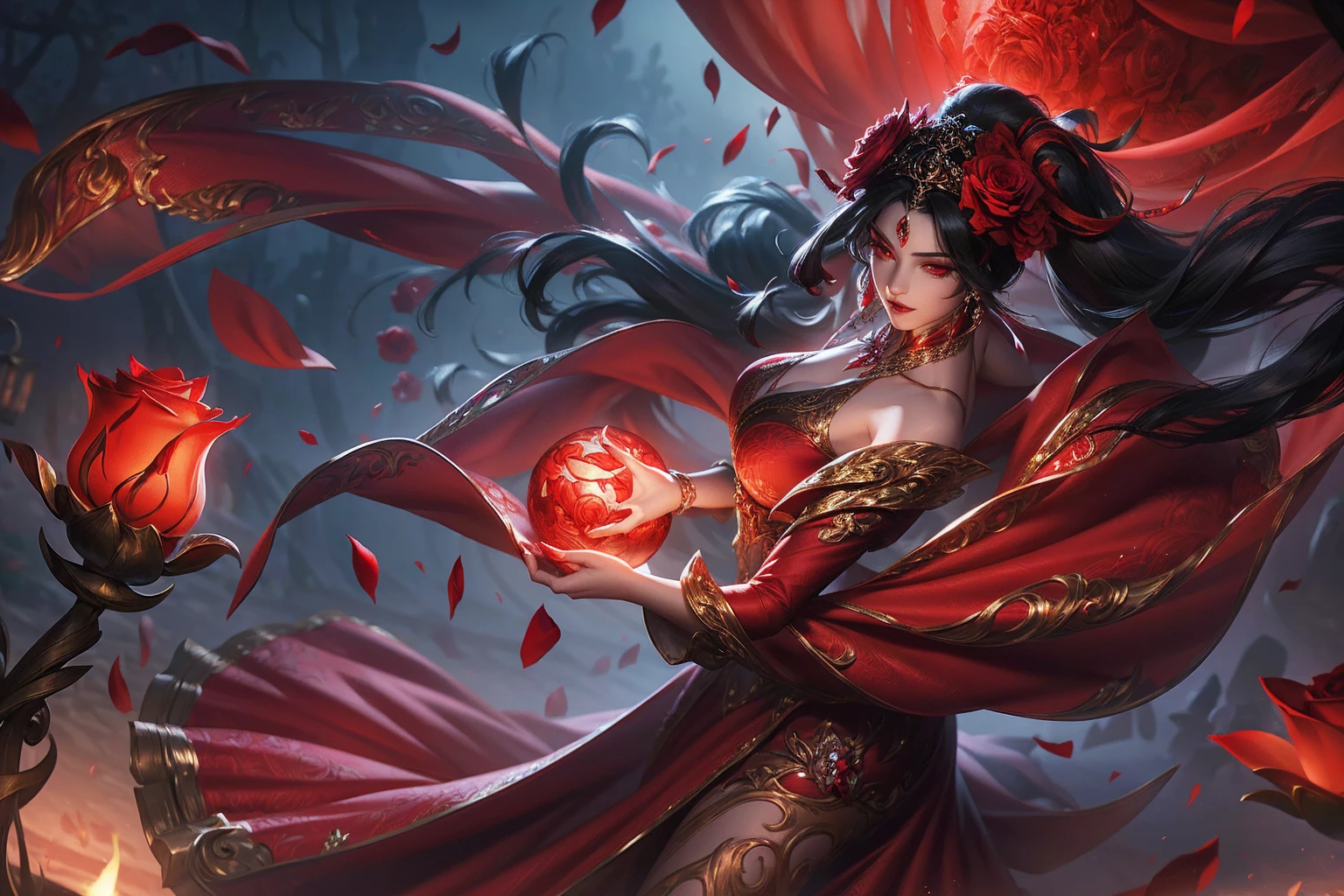 a beautiful and mysterious gypsy woman with long flowing black hair, wearing a vibrant red dress, holding a floating crystal ball, surrounded by red roses, dramatic lighting, cinematic composition, highly detailed, photorealistic, 8k, (best quality, 4k, 8k, highres, masterpiece:1.2), ultra-detailed, (realistic, photorealistic, photo-realistic:1.37), dramatic lighting, chiaroscuro, moody, alluring, seductive, captivating gaze, intricate patterns on dress, glowing crystal ball, lush red roses, cinematic angle, dramatic shadows, rich color palette