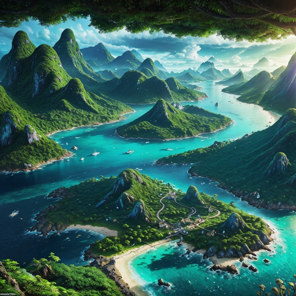 a mystical archipelago, lush dense forests, towering mountains, charming interconnected islands, enchanted underwater paths and bridges, sweeping coastlines, magic-saturated air, crystal clear waters, ethereal forces, magical landscapes, fantasy, cinematic, dramatic lighting, glowing, ethereal, vibrant colors, hyper detailed, 8k, photorealistic, masterpiece