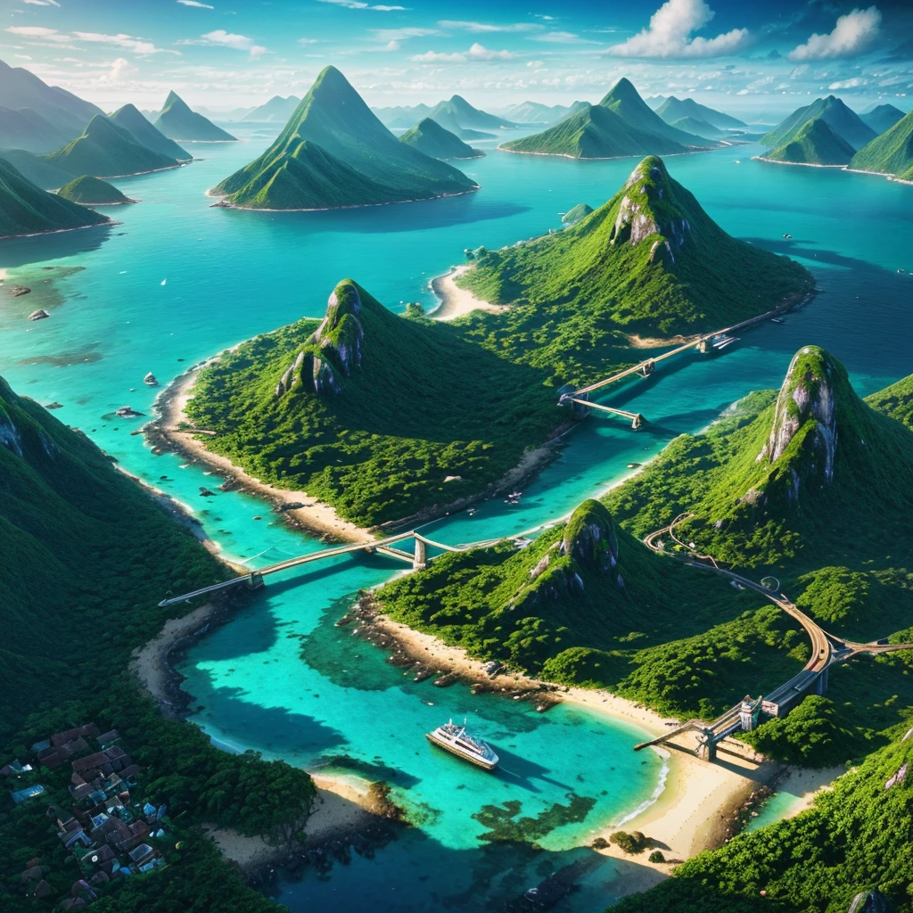 a mystical archipelago, lush dense forests, towering mountains, charming interconnected islands, enchanted underwater paths and bridges, sweeping coastlines, magic-saturated air, crystal clear waters, ethereal forces, magical landscapes, fantasy, cinematic, dramatic lighting, glowing, ethereal, vibrant colors, hyper detailed, 8k, photorealistic, masterpiece