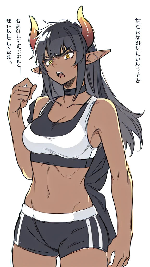 ((1girl,solo,mature female,25 years old,adult)),medium breasts,long hair, black hair,angry expression,horns,elf ears,((black scarf)),cleavage,(dark skin),((black sports bra, midriff)),white background