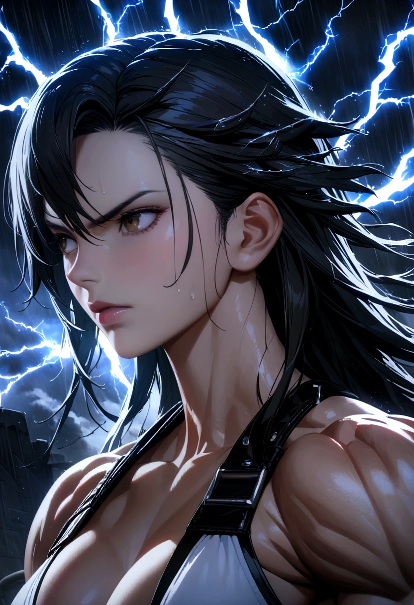 Portrait of a muscular strong woman, portrait of a dominatrix with lightning hair, muscular, bodybuilder, short lightning-shaped hair, in the background is a storm and thunderstorm, divine, lightning magic, electric effects, thunder magic, best quality, ultra-high resolution, 4K detailed CG, masterpiece, aesthetic, centered on the screen