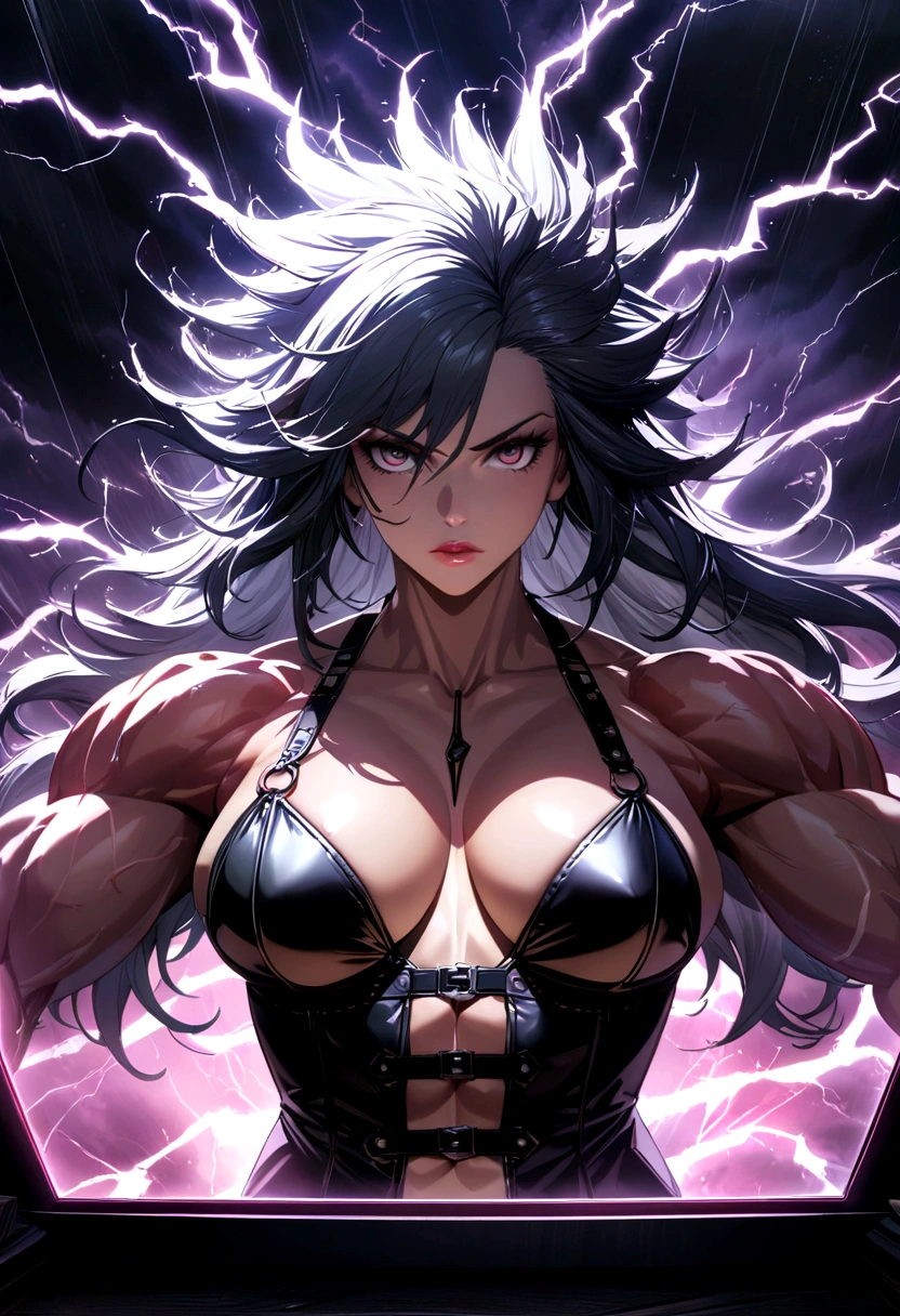 Portrait of a muscular strong woman, portrait of a dominatrix with lightning hair, muscular, bodybuilder, short lightning-shaped hair, in the background is a storm and thunderstorm, divine, lightning magic, electric effects, thunder magic, best quality, ultra-high resolution, 4K detailed CG, masterpiece, aesthetic, centered on the screen