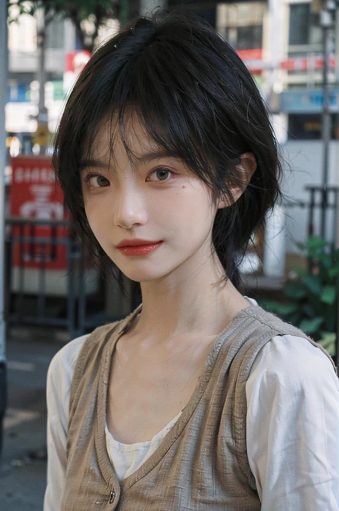 (Skin details:1.4), (smooth skin textures:1.3), Lipstick, background, Direct vision, earrings, serene, calm, (Realistic and detailed eyes：1.2）, Natural skin texture, Realistic facial details, Soft dramatic lighting, Vivid details, 35 mm film, outdoor, (Photo Practical:1.4), (hyper Practical:1.4), (Practical:1.3), (Smoother lighting:1.05), (Improve lighting quality:0.9), (Highest quality real skin textures:1.4), Exquisite eyes, Delicate face, Close-up of face, (Enhance the beauty of skin texture:1.1), Hair details, Vest，normal body ratio, short hair, Moles under the eyes, thinking, A faint smile,公园background，Portrait Photography, Depth of Field, Bokeh, Surrealism, Ray Tracing, (Portrait Photography:1.1), Surrealism, High Detail, Chiaroscuro, Ray Tracing, reflected light, Ultra HD, Ultra HD, masterpiece, Textured Skin, Super Detail, High Detail, high quality, best quality