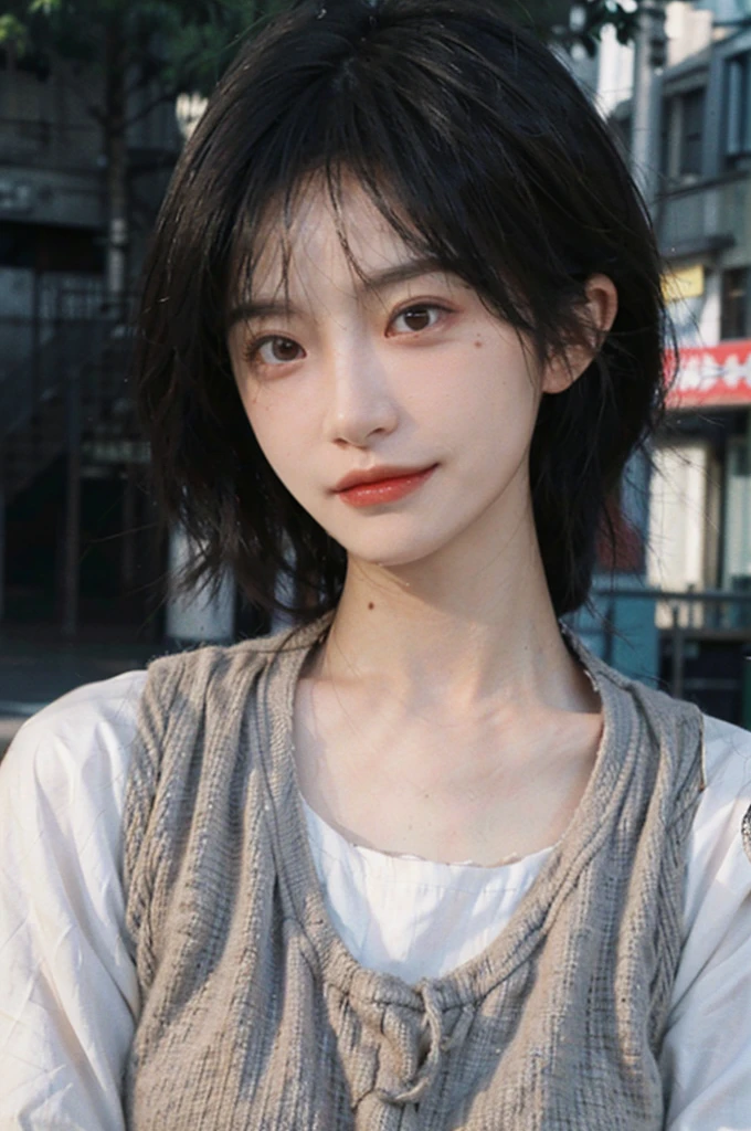 (Skin details:1.4), (smooth skin textures:1.3), Lipstick, background, Direct vision, earrings, serene, calm, (Realistic and detailed eyes:1.2), Natural skin texture, Realistic facial details, Soft dramatic lighting, Vivid details, 35 mm film, outdoor, (Photo Practical:1.4), (hyper Practical:1.4), (Practical:1.3), (Smoother lighting:1.05), (Improve lighting quality:0.9), (Highest quality real skin textures:1.4), Exquisite eyes, Delicate face, Close-up of face, (Enhance the beauty of skin texture:1.1), Hair details, Vest,normal body ratio, short hair, Moles under the eyes, thinking, A faint smile,公园background,Portrait Photography, Depth of Field, Bokeh, Surrealism, Ray Tracing, (Portrait Photography:1.1), Surrealism, High Detail, Chiaroscuro, Ray Tracing, reflected light, Ultra HD, Ultra HD, masterpiece, Textured Skin, Super Detail, High Detail, high quality, best quality