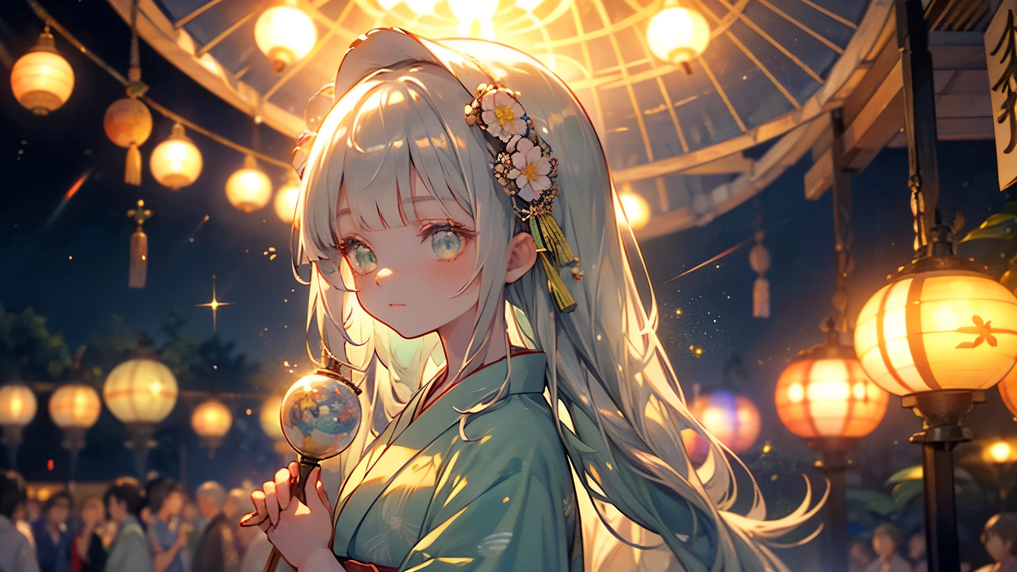 ♥(Beautiful Japanese floral kimono,yukata),((One girl,cute,young,Beautiful medium-long silver-green hair,Blunt bangs,A Tale of Twins,Beautiful green eyes)),(alone),((masterpiece, Highest Resolution,Highest quality)), (Beautiful illustrations),(Beautiful Japanese floral kimono,yukata),
 (Looking at the audience), An innocent smile,Cinema Lighting,Japanese Festivals,Stall,firework,Night Sky,full moon,shooting star,
