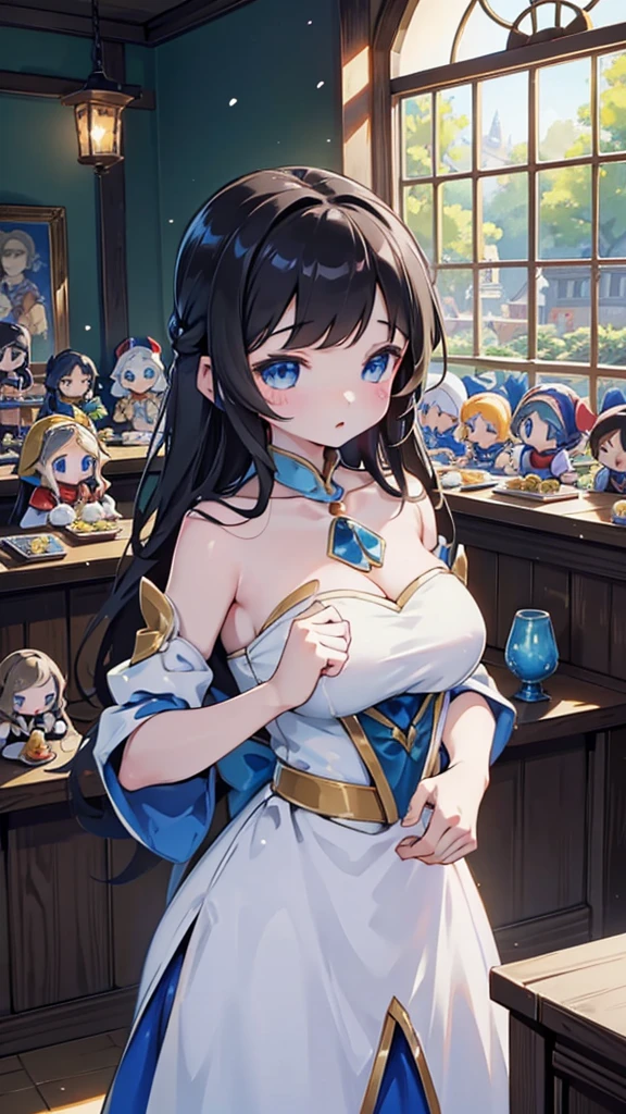 《snow white and the seven dwarfss》,Princess in a gorgeous dress,Princess in a gorgeous dress身边有七个可爱的小矮人,Gorgeous princess girl with some cute dwarfs around her,There are seven cute s around the cute girl,Close-up above the waist,《Snow White with the Seven Dwarfs》,Indoor background,木屋Indoor background,Seven dwarfs surrounded the princess,Seven dwarfs and a princess