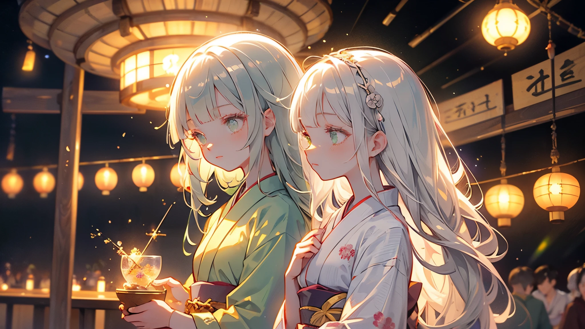 ♥(Beautiful Japanese floral kimono,yukata),((One girl,cute,young,Beautiful medium-long silver-green hair,Blunt bangs,A Tale of Twins,Beautiful green eyes)),(alone),((masterpiece, Highest Resolution,Highest quality)), (Beautiful illustrations),(Beautiful Japanese floral kimono,yukata),
(Looking at the audience), An innocent smile,Cinema Lighting,Japanese Festivals,Stall,firework,Night Sky,full moon,shooting star,