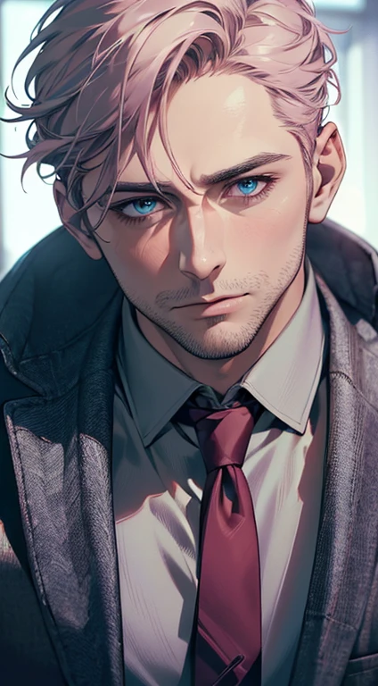 (best quality,4k,8k,highres,masterpiece:1.2),ultra-detailed,(realistic,photorealistic,photo-realistic:1.37),cinematic lighting,1:4 hdr image,a mature man,34 years old,very handsome,cold expression,short grey pink hair,blue eyes,flawless face,buttoning his jacket,CEO