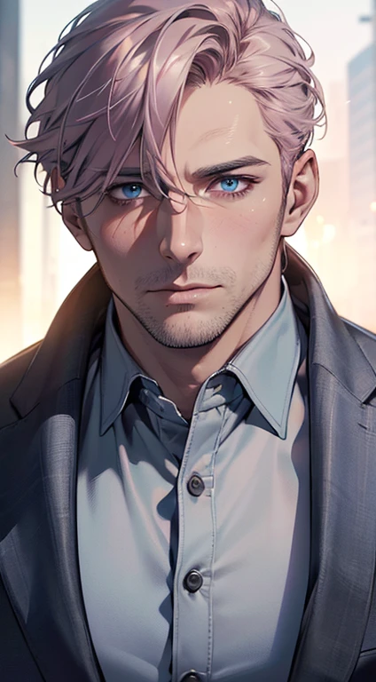 (best quality,4k,8k,highres,masterpiece:1.2),ultra-detailed,(realistic,photorealistic,photo-realistic:1.37),cinematic lighting,1:4 hdr image,a mature man,34 years old,very handsome,cold expression,short grey pink hair,blue eyes,flawless face,buttoning his jacket,CEO
