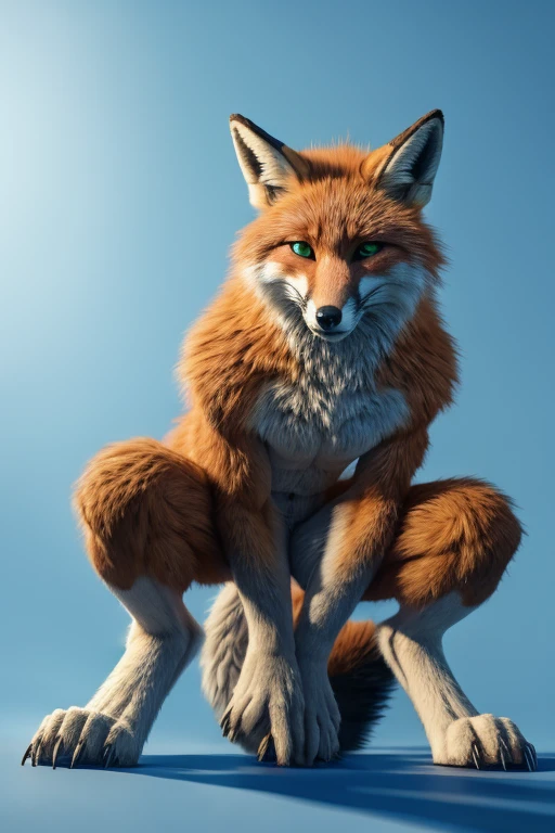 Perspective from below fox naked male furry legs apart looking down blue background squat pose green eyes serious look claws on knees fluffy tail scars