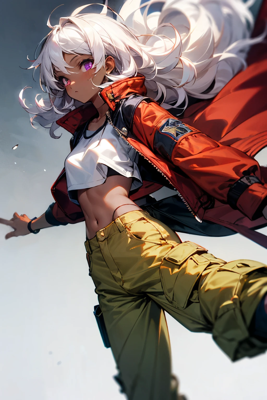 A girl who has purple eyes and curly white hair has dark skin, wears yellow cargo pants and a red crop top over a jacket.