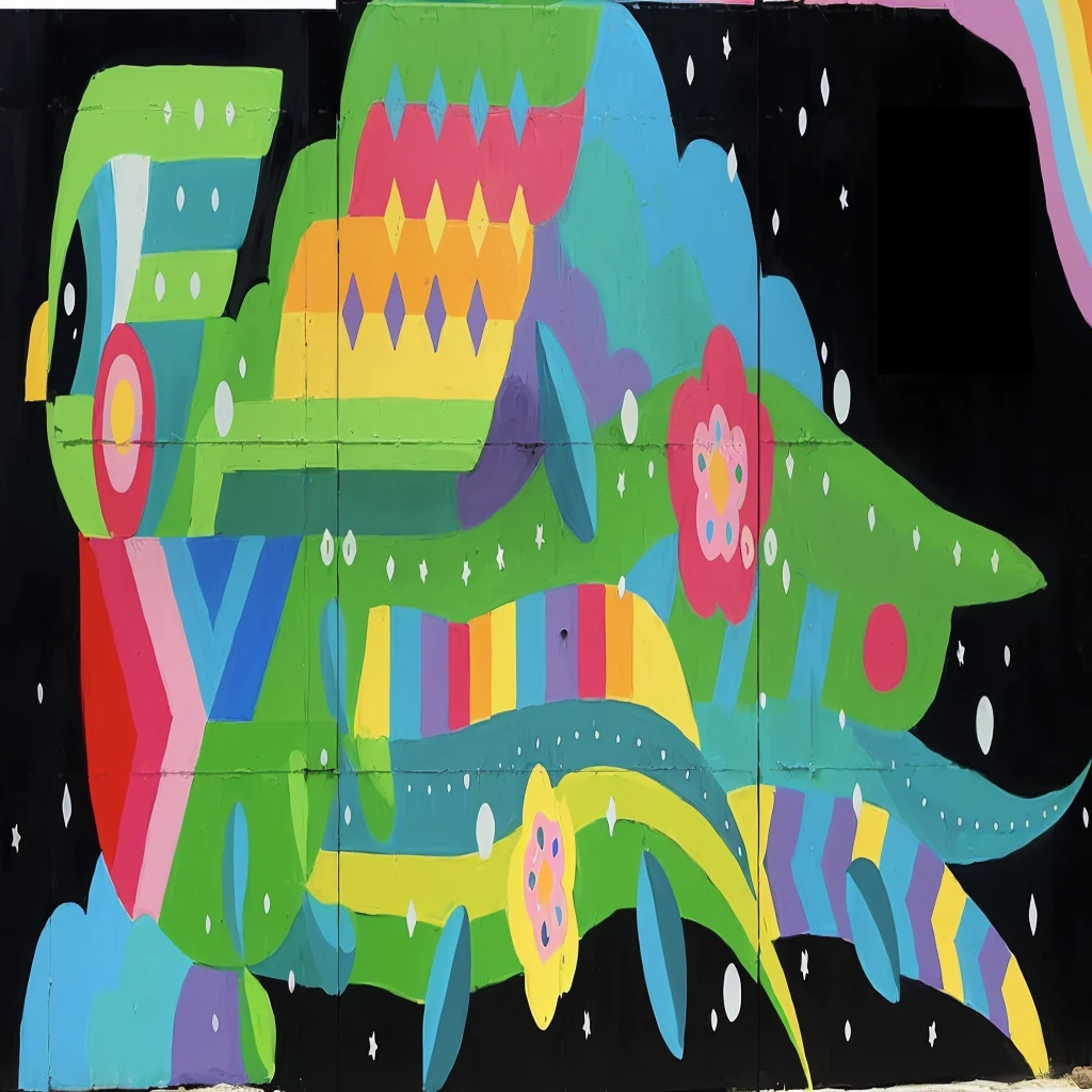 brightly colored mural of a fish with a rainbow in the background, colorful mural on walls, public works mural, inspired by Peter Max, whimsical and psychedelic, inspired by Mary Blair, colorful picture, inspired by Okuda Gensō, colourful artwork, inspired by Georges Lacombe, colorful composition, inspired by Tomokazu Matsuyama, inspired by Laurel Burch