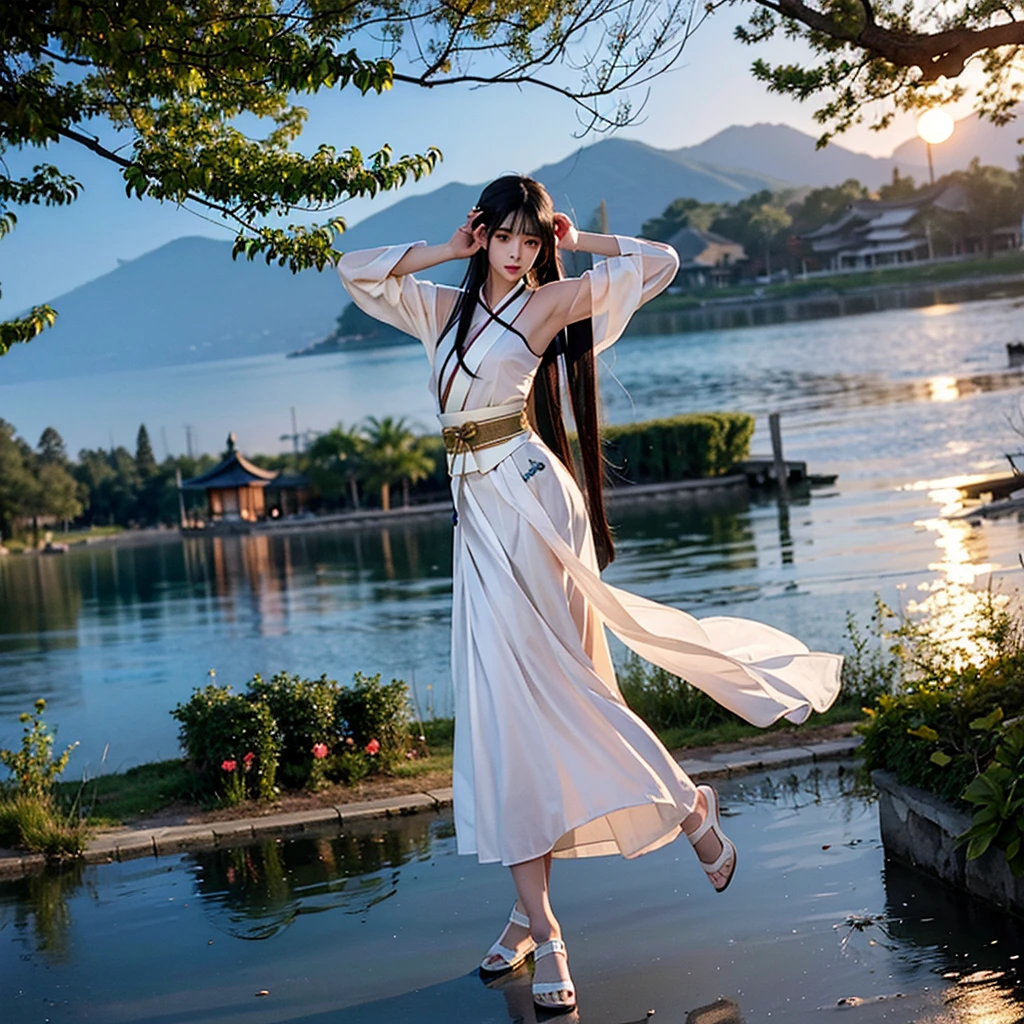 night，Moonlight reflects on the lake，There is a girl in a simple white Hanfu by the lake，，black hair，Waist length hair，Dance，antiquity，The sleeves are very long，The skirt is very long，The background is Chang&#39;an City，There are Tang Dynasty buildings in the background，night，The sky is dark
