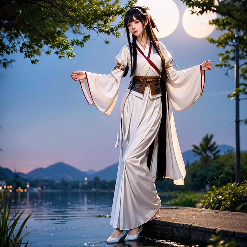 night，Moonlight reflects on the lake，There is a girl in a simple white Hanfu by the lake，，black hair，Waist length hair，Dance，antiquity，The sleeves are very long，The skirt is very long，The background is Chang&#39;an City，There are Tang Dynasty buildings in the background，night，The sky is dark