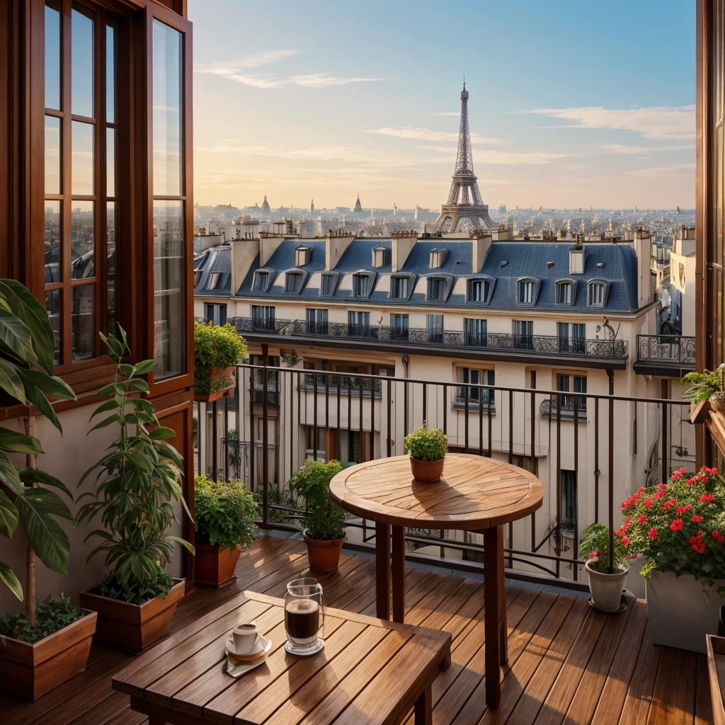 a cup of coffee sitting on top of a wooden table, beautiful terrace, terrace, balconies, paris background, balcony, sitting in french apartment, plants on balconies, pleasant cozy atmosphere, on a balcony, cozy cafe background, morning coffee, rooftop romantic, paris, with eiffel view, paris city, cozy place, springtime morning, cozy atmosphere, 4k hd, beautiful art uhd 4 k, a beautiful artwork illustration, beautiful digital painting, highly detailed digital painting, beautiful digital artwork, detailed painting 4 k, very detailed digital painting, rich picturesque colors, gorgeous digital painting