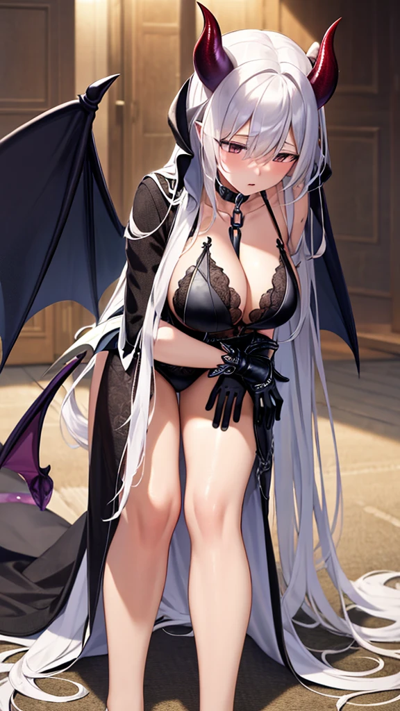 (((Masterpiece))),(((Best quality))),((Super detailed)),(illustration),Tentacles on the body,Iron gloves,There is a chain attached collar around the neck,Empty eyes,Weak movements,Weak hands drooping,Take off half of the shawl,Dull eyes,,Succubus wife lying on the ground,No shoes,Long straight white hair,Biggest Breasts,The demon tail is cocked,Devil's wings on the back