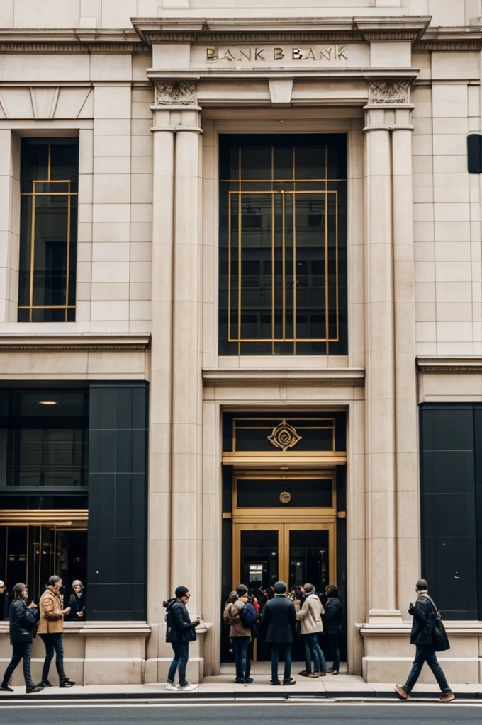 A bank full of money where you can see the facade and a crowd of people outside waiting to enter
