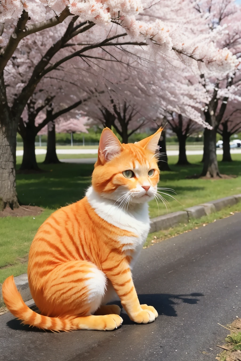 (animated cartoon), an orange cat going to see the cherry trees, is he happy