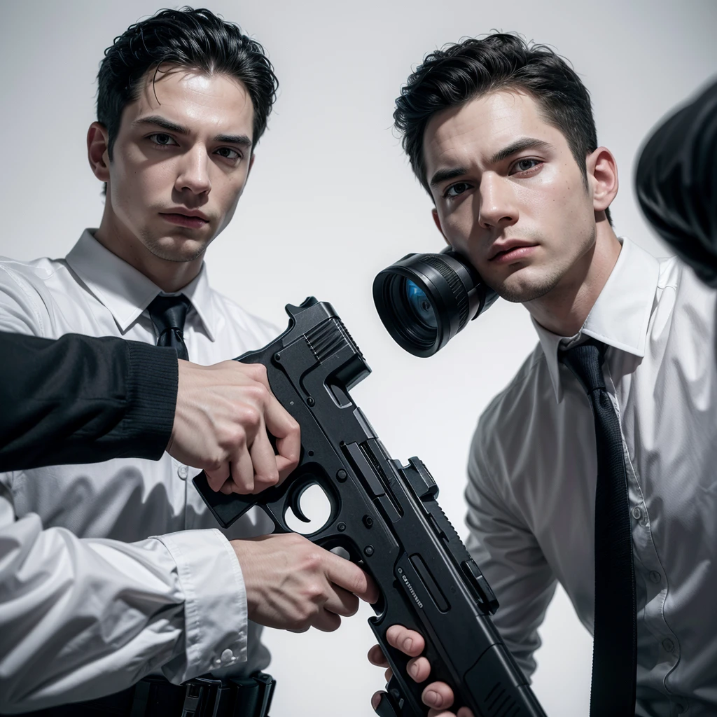 White background, two male characters in the center, one of them with a gun in his hand, he is an FBI agent, dark atmosphere, detailed, best quality, 8k, professional art, cartoon, contemporary book, black and white, mature idea 