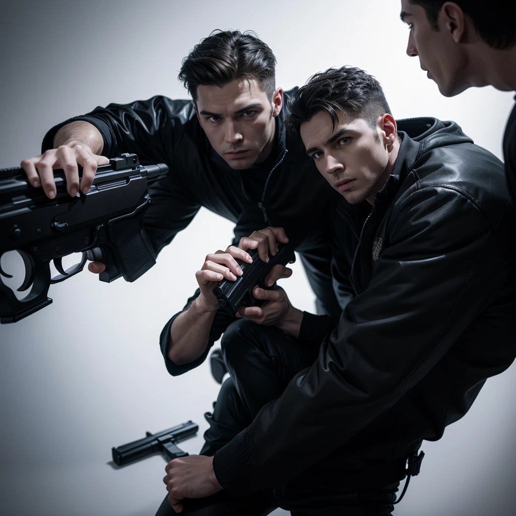 White background, two male characters in the center, one of them with a gun in his hand, he is an FBI agent, dark atmosphere, detailed, best quality, 8k, professional art, cartoon, contemporary book, black and white, mature idea 