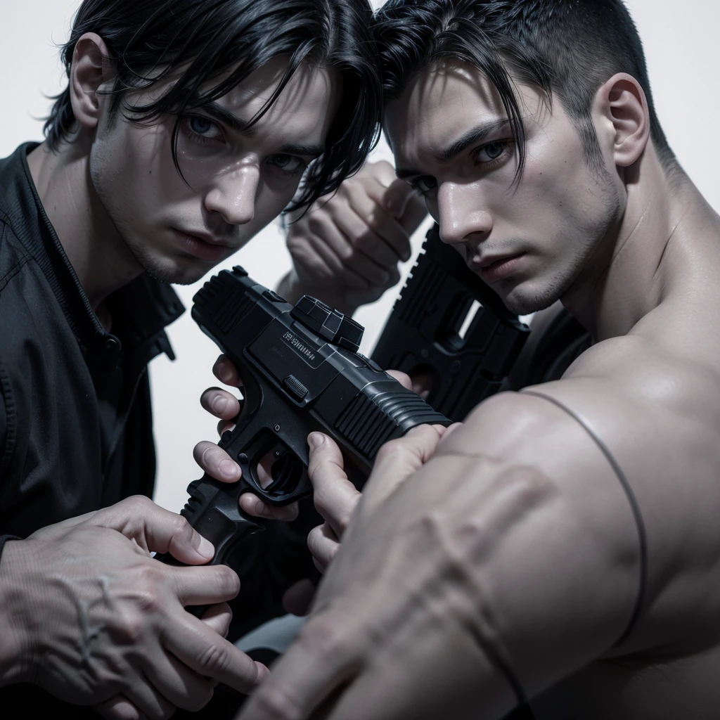 White background, two male characters in the center, one of them with a gun in his hand, he is an FBI agent, dark atmosphere, detailed, best quality, 8k, professional art, cartoon, contemporary book, black and white, mature idea 